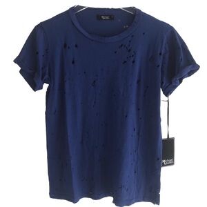 Michael Lauren T-Shirt Distessed Vintage Look Cut Out Navy Blue Small